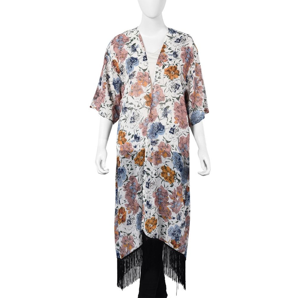 White Floral Pattern Duster Kimono